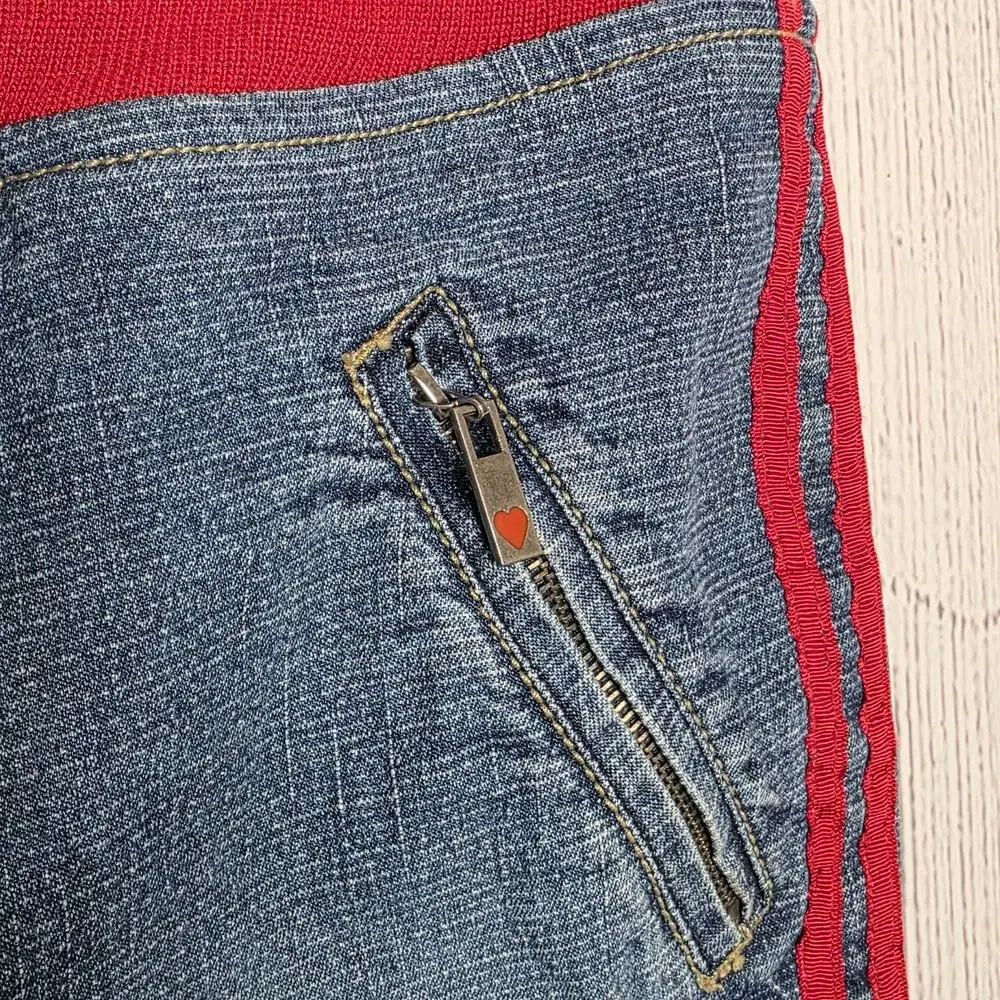 Y2K Flare Jeans Red Stripe Heart Zipper Pulls Bratz Doll, sz 28x29.5